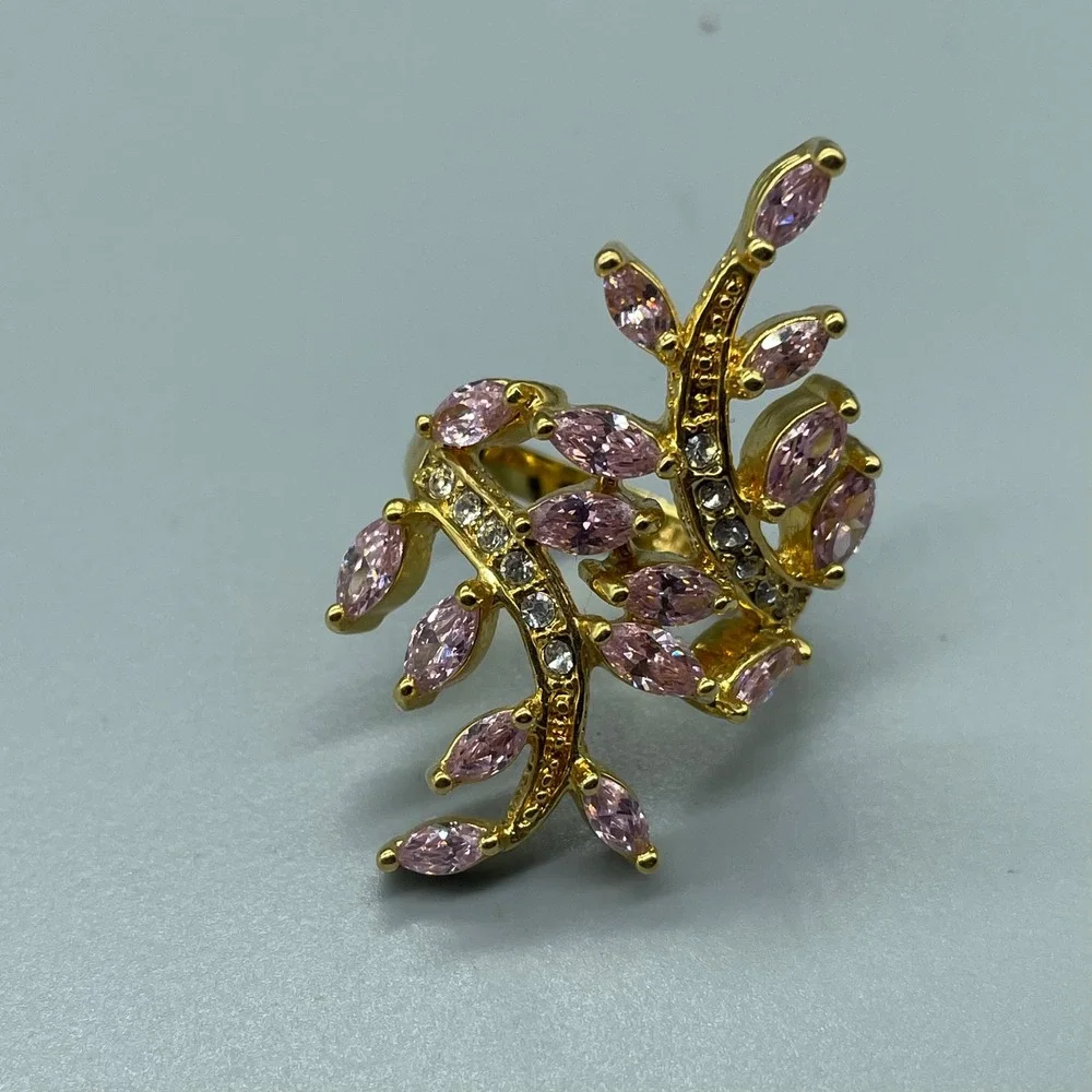 Seta Pink Marquise Crystal Floral‎ Vine Bypass Ring Gold Tone Statement Size 7.5